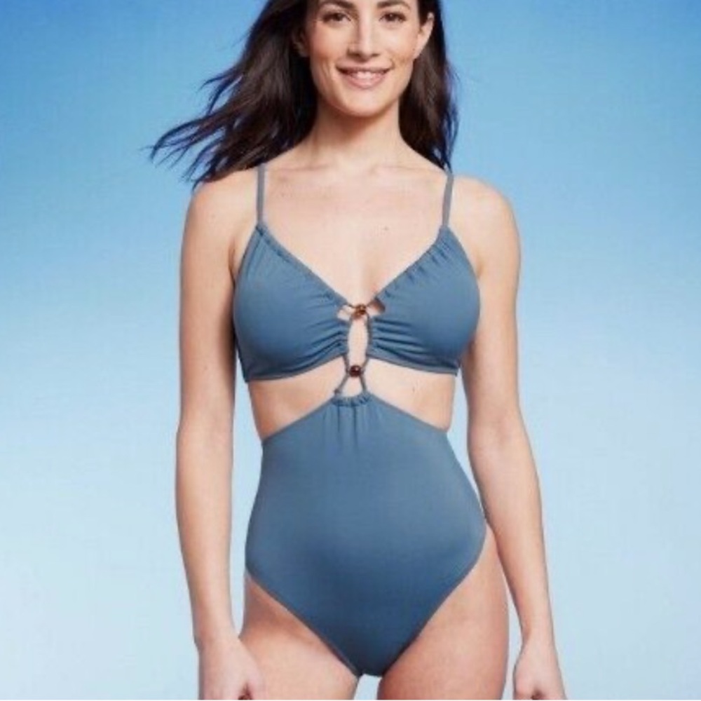 Shade & Shore Blue Bead Detail Cut Out Monokini One Piece Swimsuit XL NEW